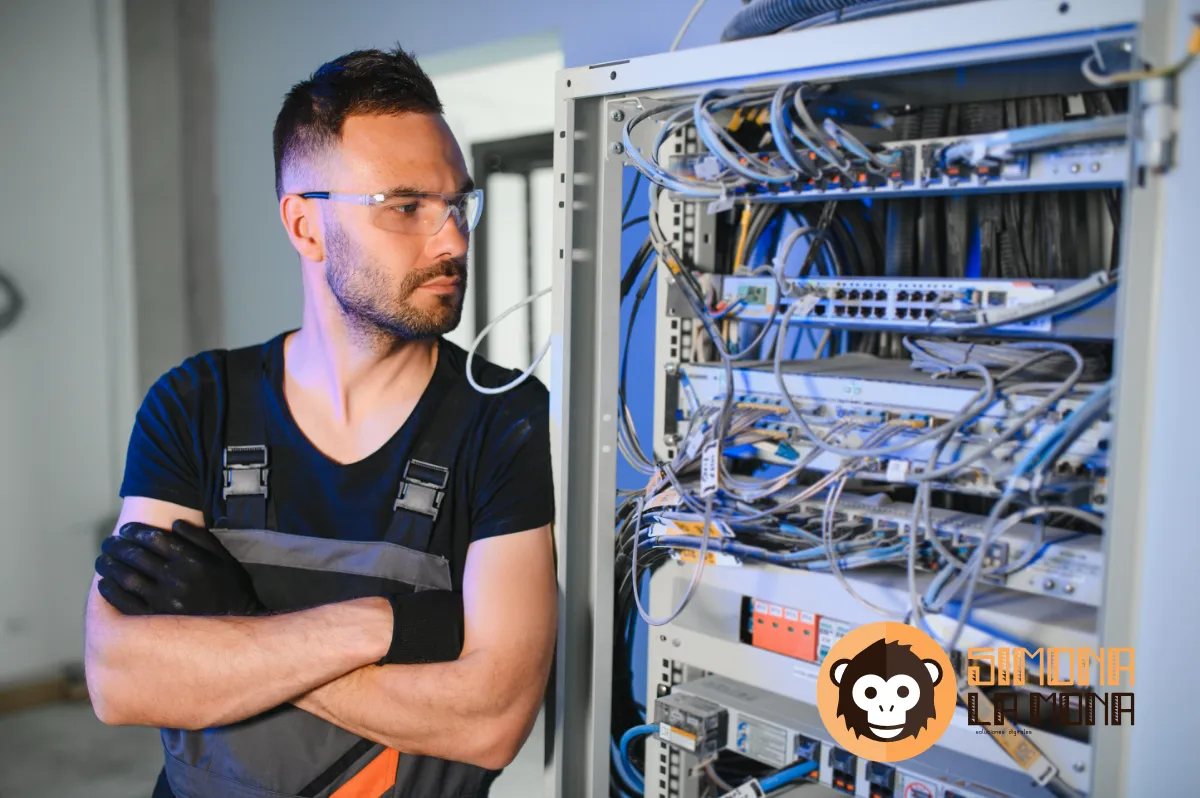 Técnico trabajando en un servidor web con hosting